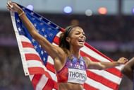 Gabby Thomas of the United States celebrates her team's gold medal win in the Women's 4 x 400m Relay Final during the 2024 Summer Olympic Games in Paris, France. (Photo by via Getty Images)